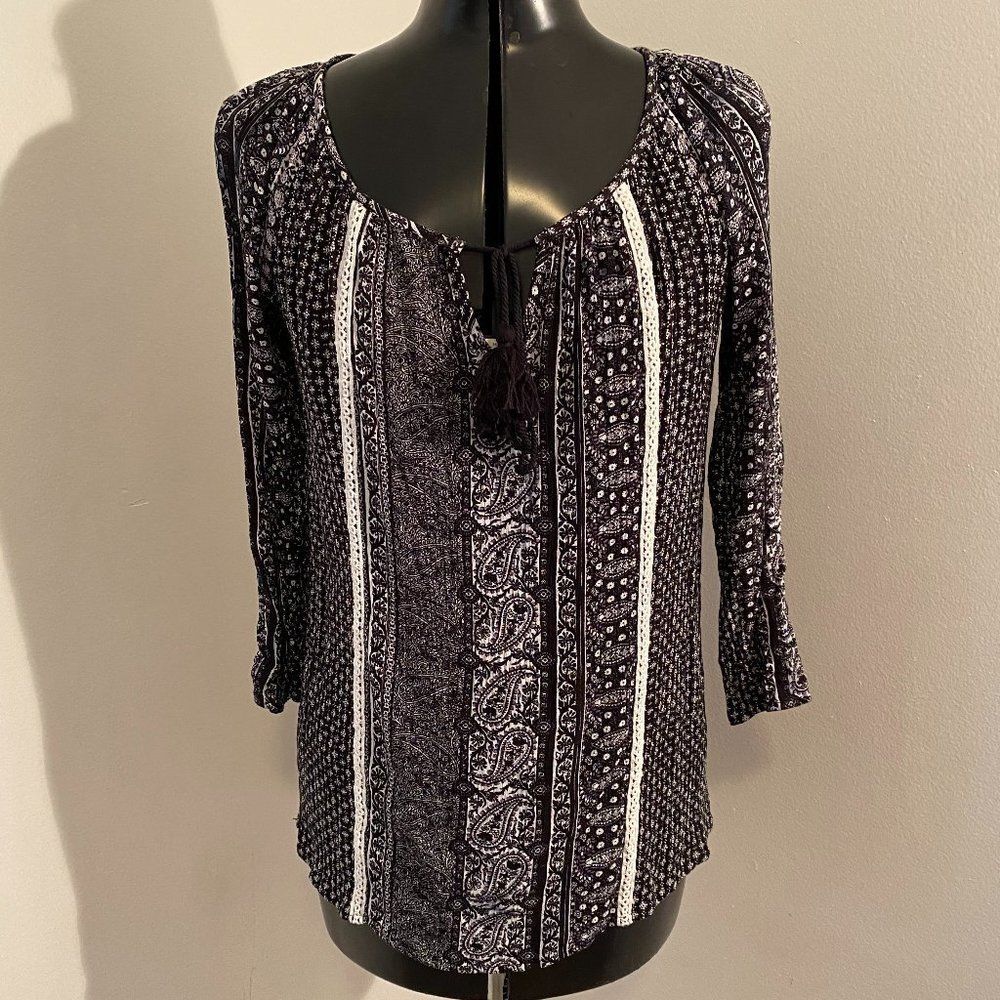 Dress Barn High Low Black White Stripped Pullover Top Size S